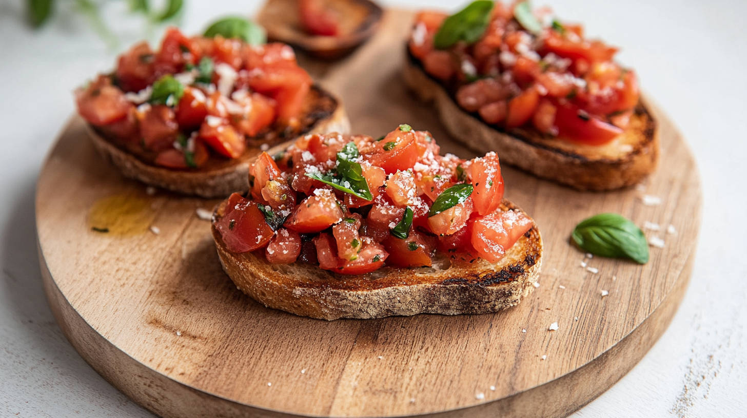 A photo of Tomato and Basil Bruschetta rubbed with garlic, piled with juicy tomatoes, basil, and a drizzle of olive oil on wooden chopping board.