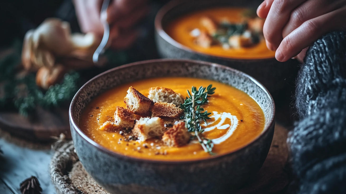 A classic carrot soup recipe being shown in 2 bowls with croutons on top with some thyme.