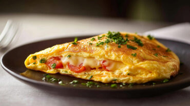 Cheese and tomato omelette served on a black plate