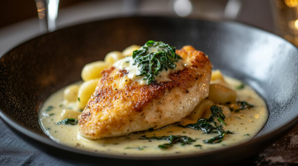 Crispy chicken breasts in a rich white wine and cream sauce with garlic and tender cavolo nero served over gnocchi.