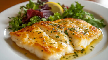 A plate of golden‑seared lemon cod fillets topped with a quick garlic‑lemon butter sauce and fresh parsley