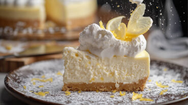 A bright, creamy lemon cheesecake on a crunchy shortbread base, finished with a cloud of whipped cream and fresh lemon zest.