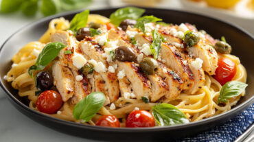 Mediterranean Chicken Pasta with a Twist infused with vibrant lemon, olives, capers, and cherry tomatoes, finished with fresh basil and crumbled feta