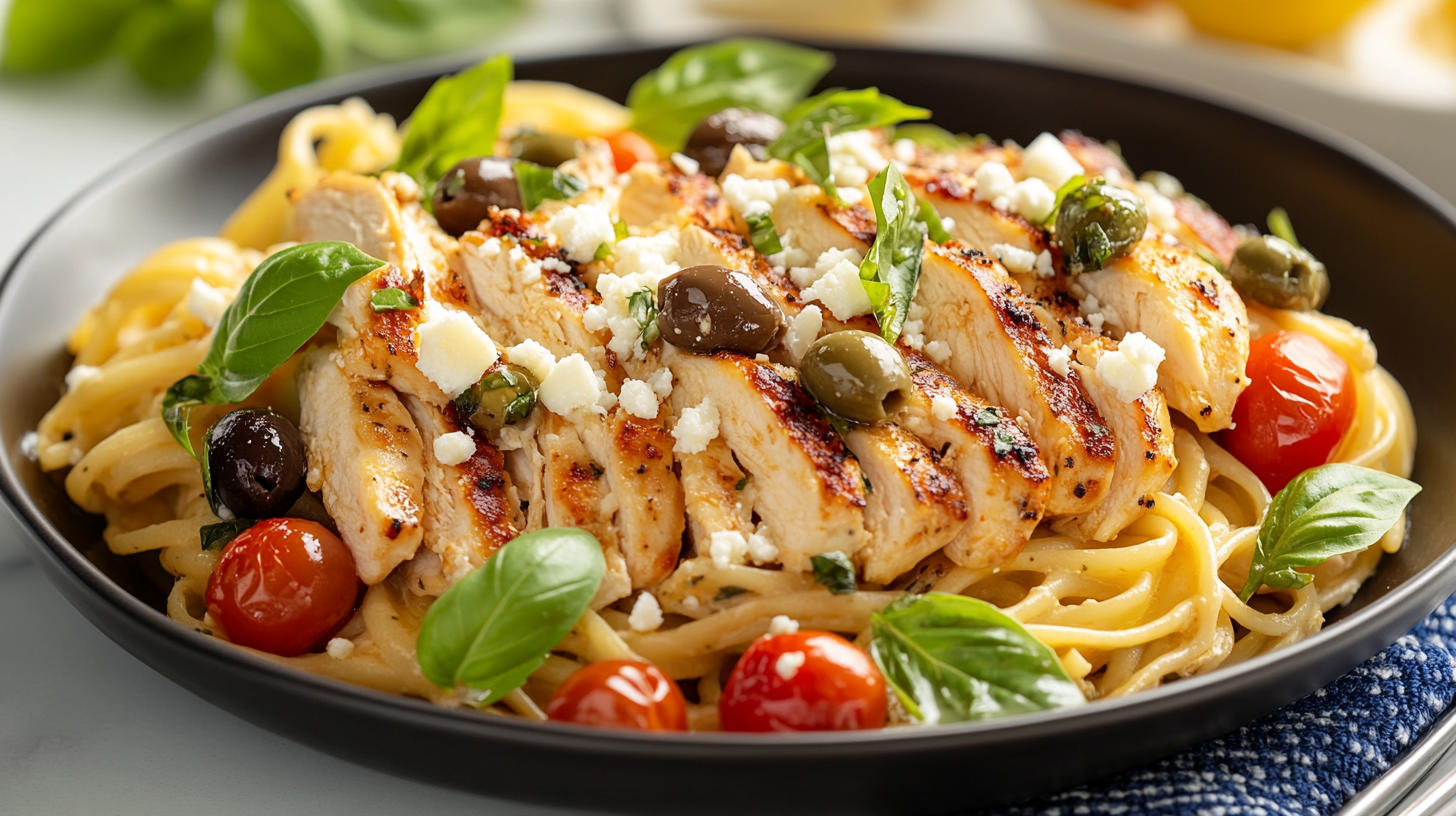 Mediterranean Chicken Pasta with a Twist infused with vibrant lemon, olives, capers, and cherry tomatoes, finished with fresh basil and crumbled feta