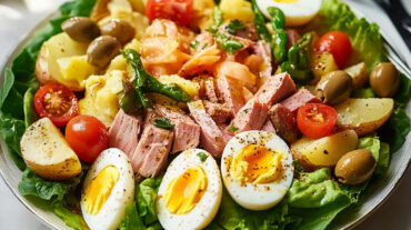 The perfect Niçoise salad recipe shown on a plate