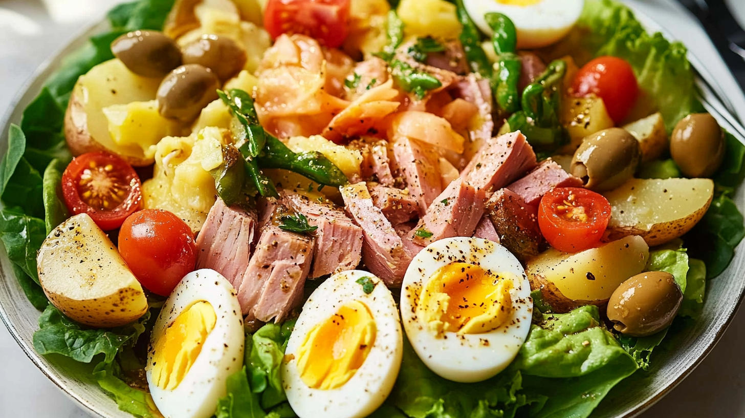 The perfect Niçoise salad recipe shown on a plate