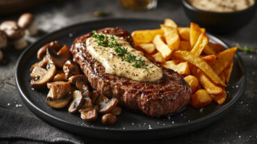 Pan‑Seared Sirloin steak on a plate along with chips. A perfect sirloin steak recipe.