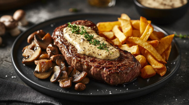 Pan‑Seared Sirloin steak on a plate along with chips. A perfect sirloin steak recipe.