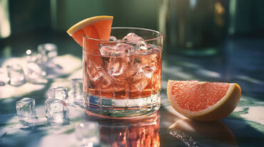 A glass of Pink Grapefruit Negroni with gin, sweet vermouth, and Campari balanced with fresh pink grapefruit juice.