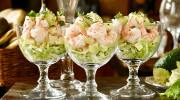 A photo showing a typical prawn cocktail recipe with 3 prawn cocktails shown in glasses with lettuce.