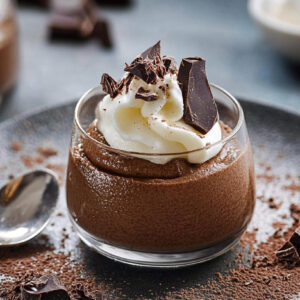 A chocolate mousse recipe showing an ultra-smooth, airy chocolate mousse made with 74% dark chocolate, whipped egg whites, and a dollop of cream.