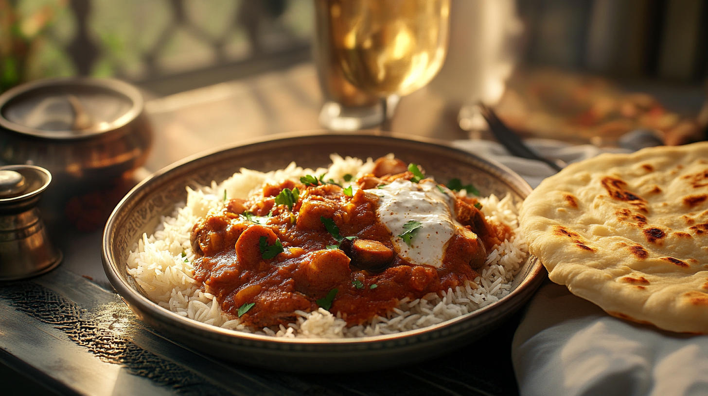Mushroom masala. Hearty chestnut mushrooms simmered in a spiced tomato-yogurt sauce, served perfectly over rice or with naan