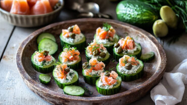 A photo of smoked salmon appetizer cucumber boats filled with whipped cream cheese, capers, fresh dill, and chopped smoked salmon on a plate.