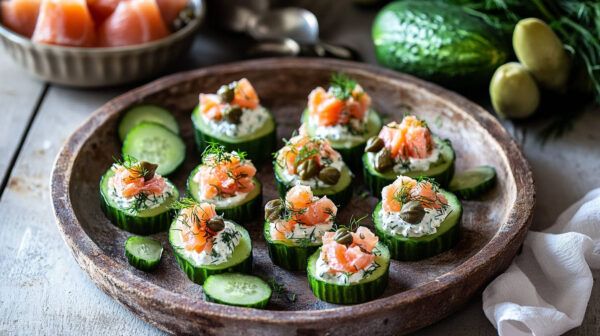 A photo of smoked salmon appetizer cucumber boats filled with whipped cream cheese, capers, fresh dill, and chopped smoked salmon on a plate.