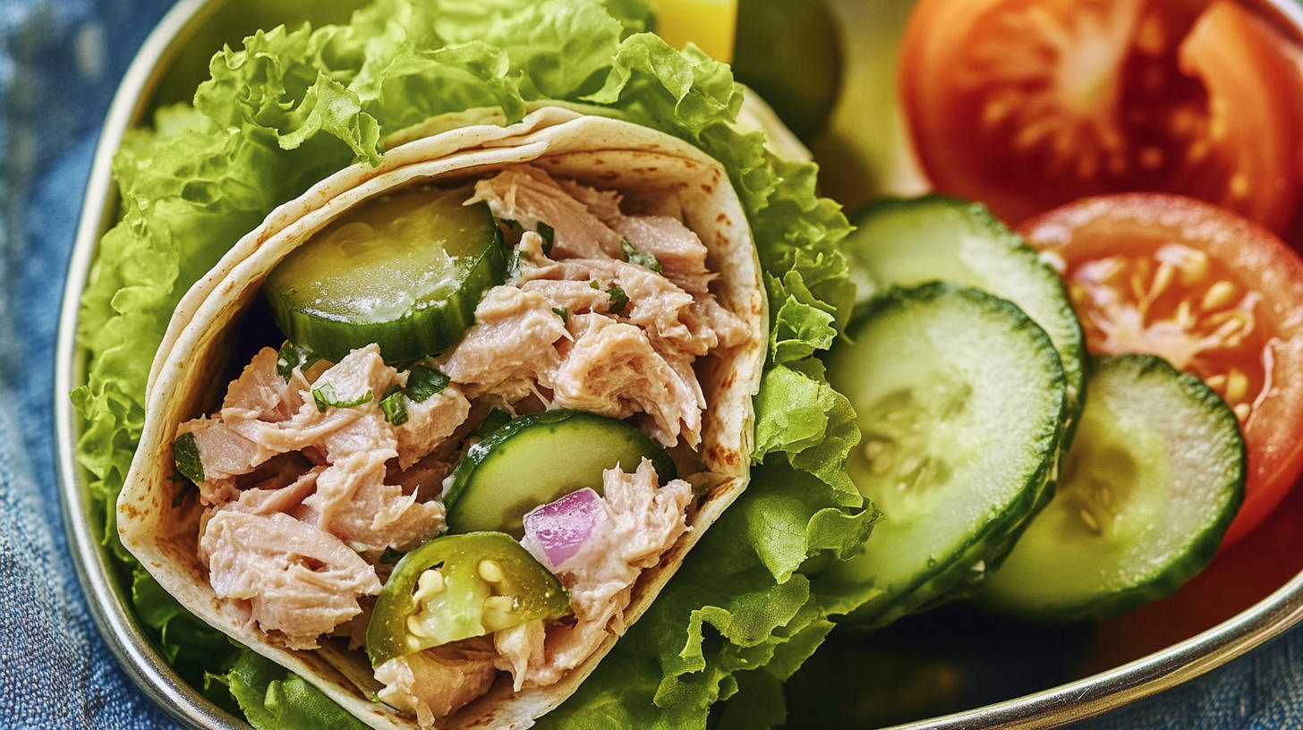 A photo of a tuna wrap with cucumber and lettuce.