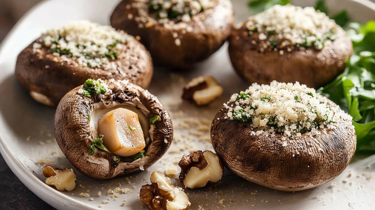 Garlic stuffed mushrooms piled with a buttery garlic, walnut, and herb mix, topped with Parmesan and baked until golden.