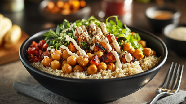 A vegan Buddha bowl with warm, roasted veggies meet protein‑packed chickpeas and fluffy quinoa, topped off with crisp greens and a creamy tahini drizzle.