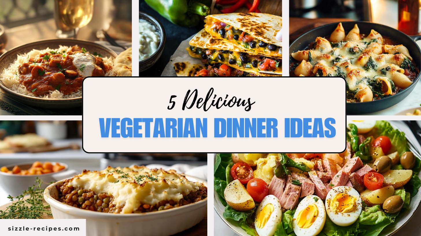 A collage of photos showing 5 vegetarian dinner ideas.