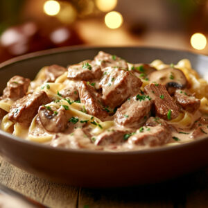 A bowl of creamy beef stroganoff with mushrooms