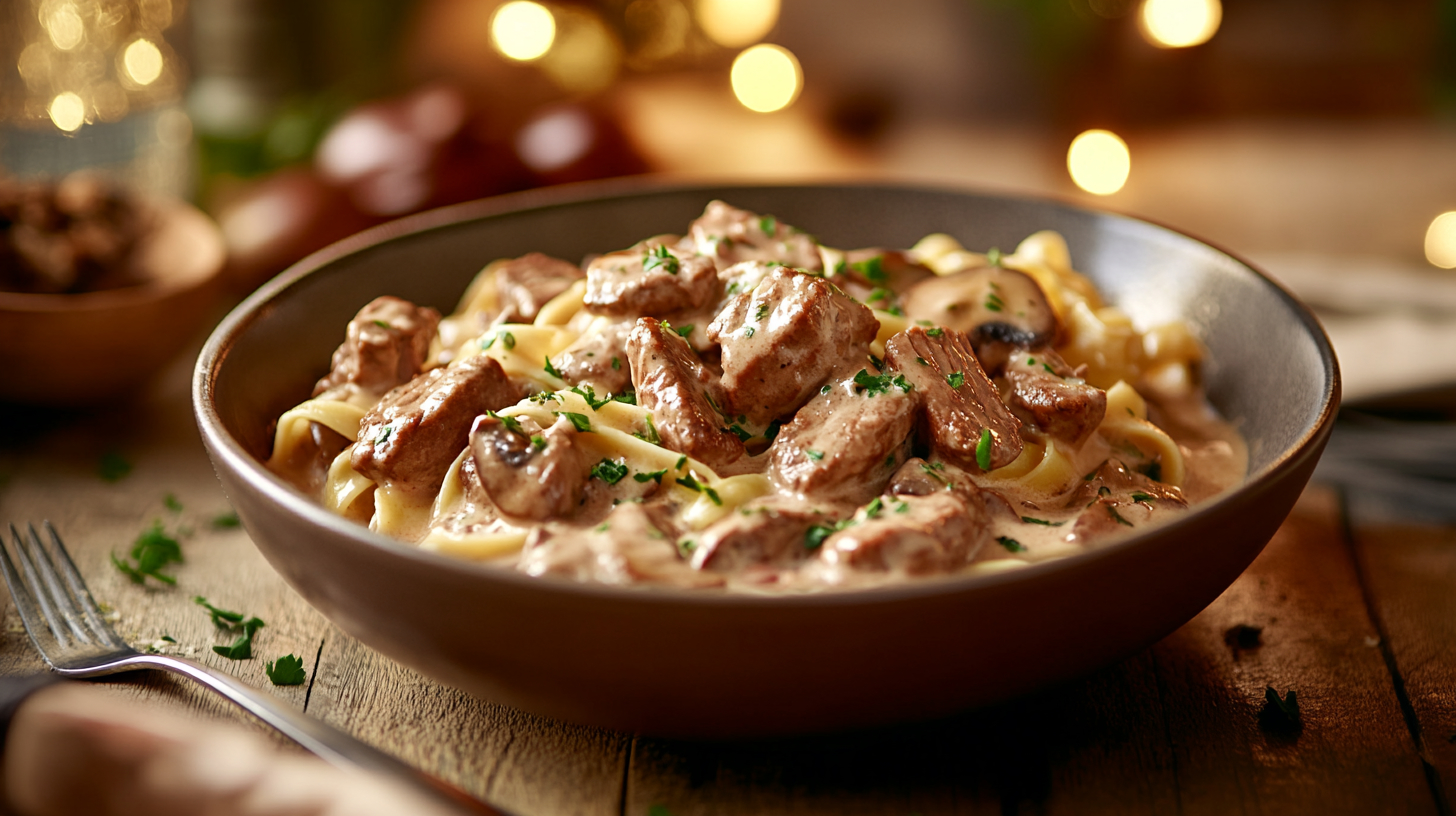 A bowl of creamy beef stroganoff with mushrooms