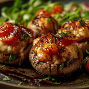 A plate of stuffed mushrooms. These portobello mushrooms are stuffed with cheese and have tomatoes on top with balsamic vingegar.