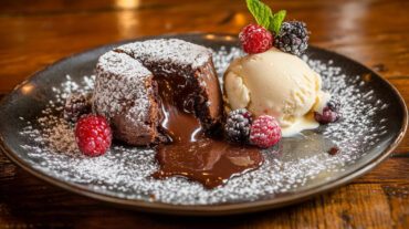 A photo showing chocolate lava cakes cut open and oozing chocolate, with some ice cream and berries next to it on a plate.