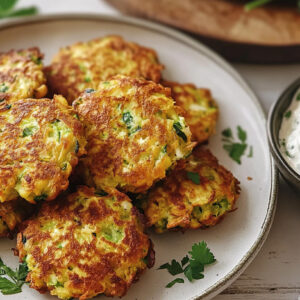 A photo of courgette fritters on a plate next to some Tzatziki