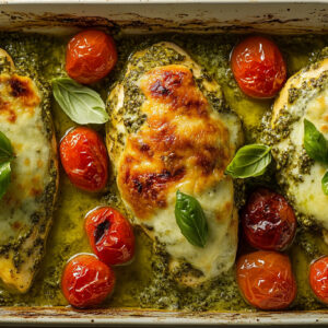 A photo showing a pesto chicken bake in a dish surrounded by cherry tomatoes and basil.