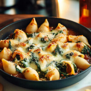 Baking dish filled with creamy spinach and ricotta pasta shells, topped with golden melted cheese.