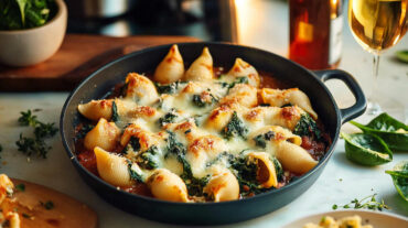 Baking dish filled with creamy spinach and ricotta pasta shells, topped with golden melted cheese.