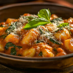 A photo of a creamy tomato spinach gnocchi recipe in a bowl that's just been served up.