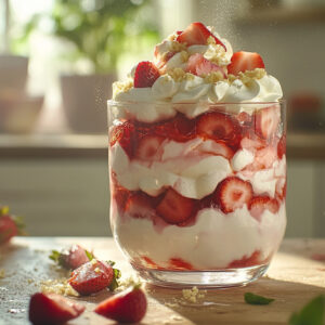 A photo showing a classic eton mess in glass container on kitchen table top