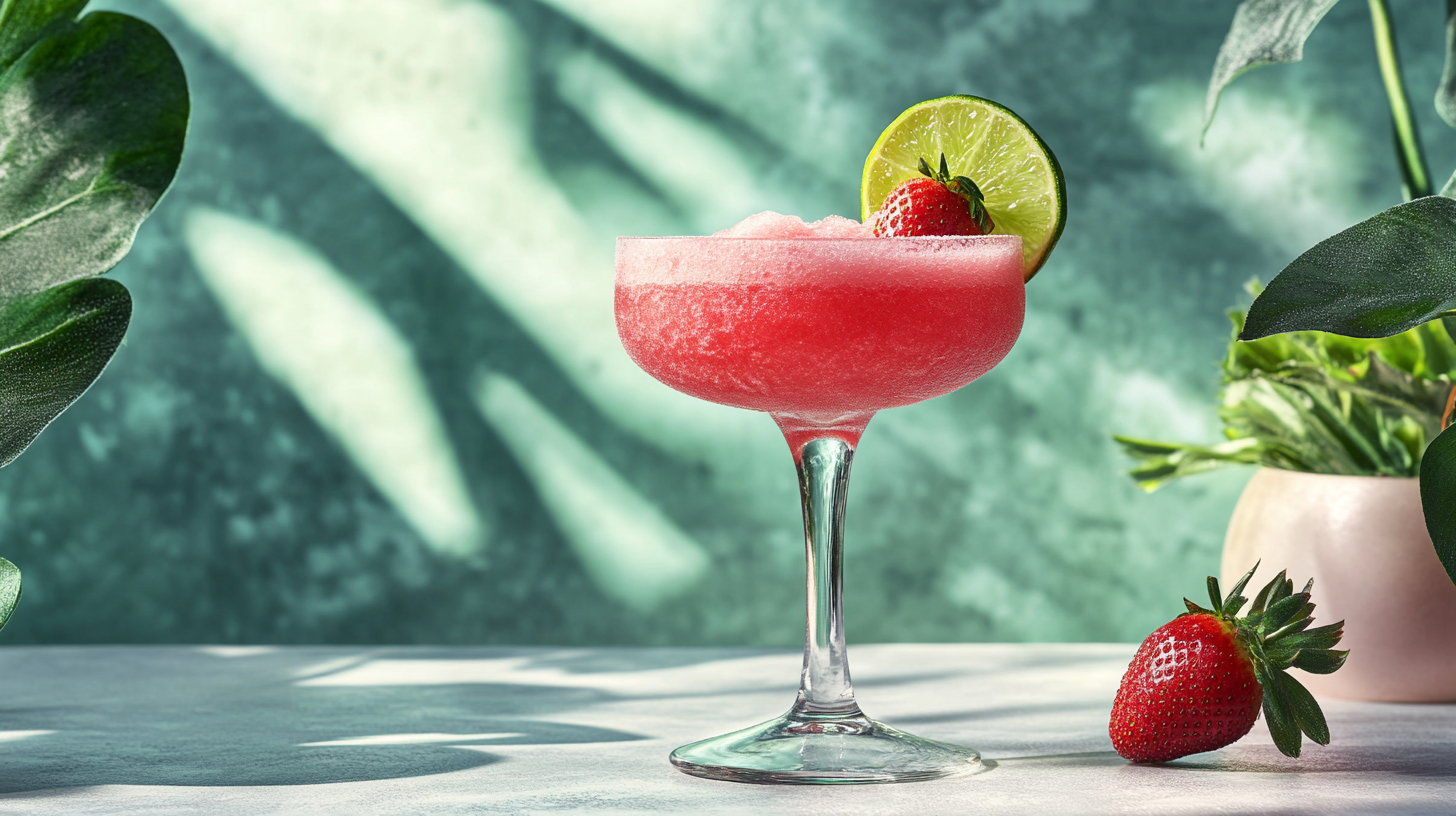 A photo showing a drink made from a strawberry daiquiri recipe. The strawberry daiquiri is in a cocktail glass with a lime and strawberry on the side of the glass.