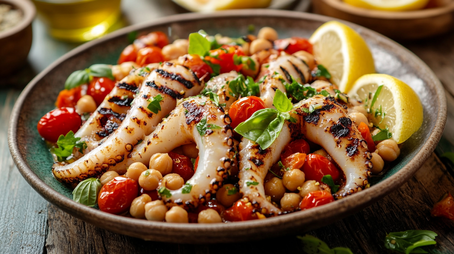 Grilled squid recipe showing a plate of grilled squid, chickpeas, tomatoes and lemon wedges.