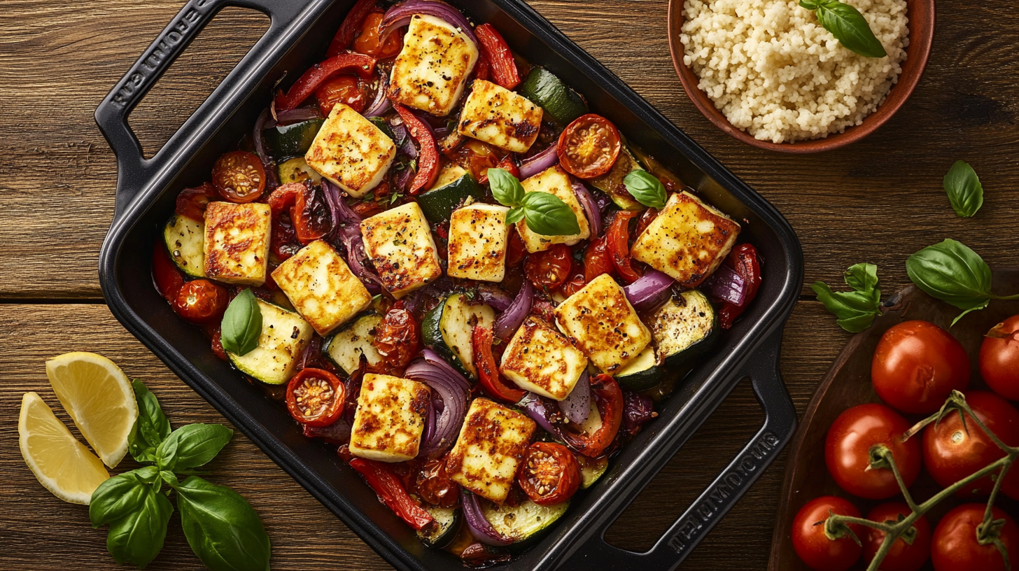 A photo of an halloumi traybake still in the baking dish surrounded by colourful vegetables.