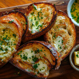 A photo of slices of homemade garlic bread on a chopping board