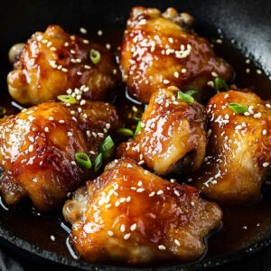 A photo showing honey garlic chicken thighs in a pan toped with sesame seeds and cuts of spring onions.