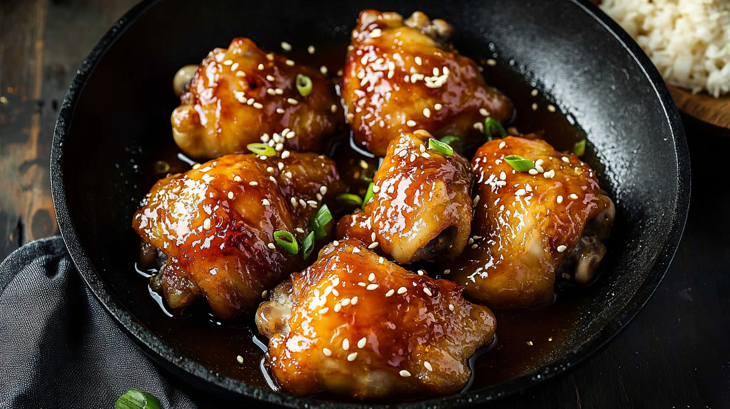 A photo showing honey garlic chicken thighs in a pan toped with sesame seeds and cuts of spring onions.