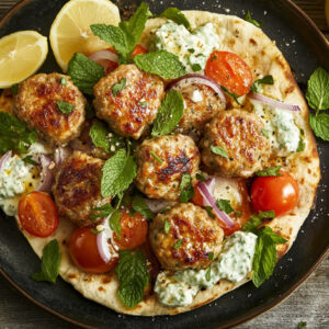 A photo showing lamb koftas on flatbread.