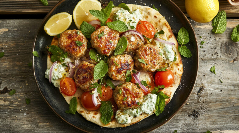 A photo showing lamb koftas on flatbread.