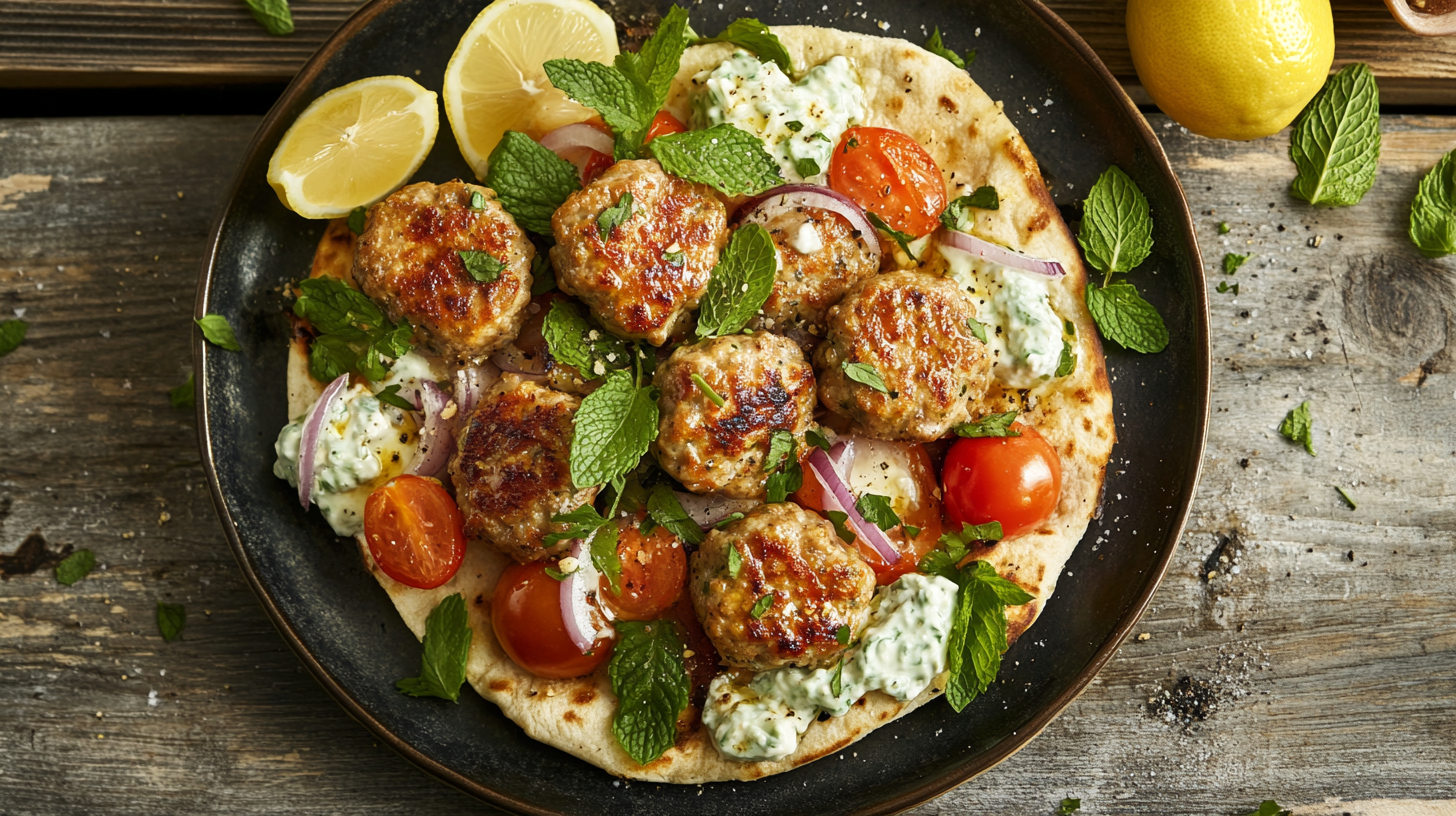 A photo showing lamb koftas on flatbread.