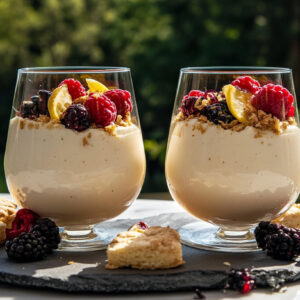 Photo of two lemon possets in a glass topped with summer berries