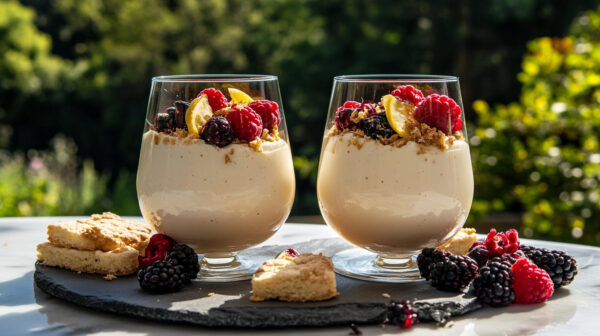 Photo of two lemon possets in a glass topped with summer berries