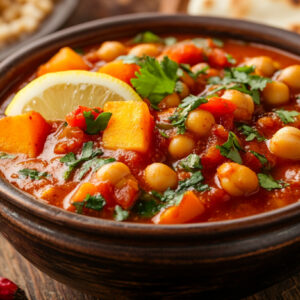 A photo showing a bowl of Moroccan chickpea stew on a wooden table.