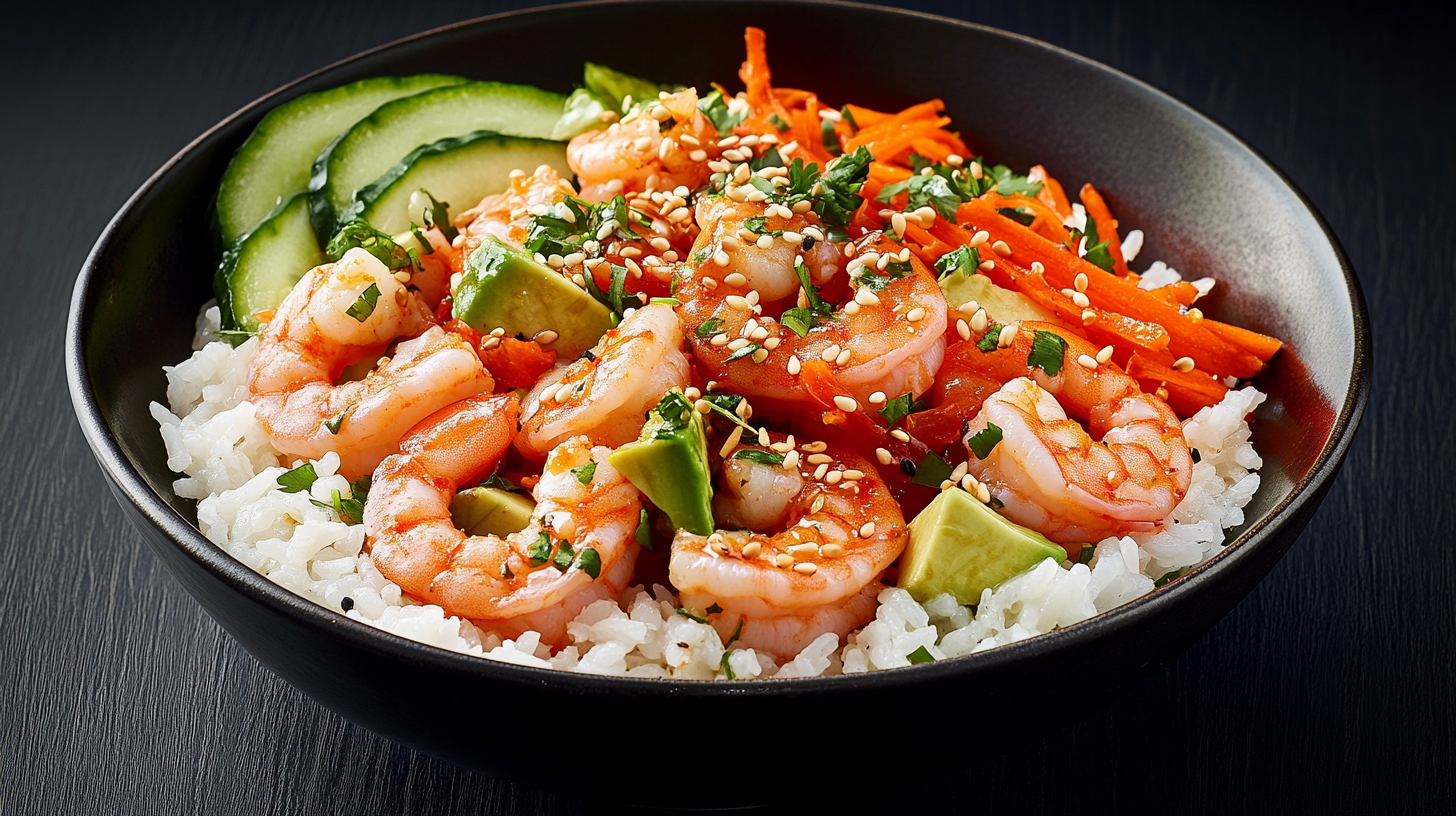 A photo showing a prawn rice bowl with sesame seeds scattered on the top.