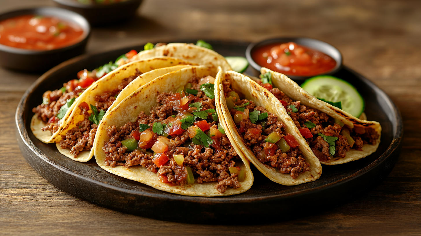 Beef tacos recipe. A photo showing 5 beef tacos on a serving plate with some vegetables on the side.