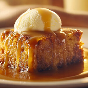 A photo showing a sticky toffee pudding with a blob of vanilla ice cream on top.