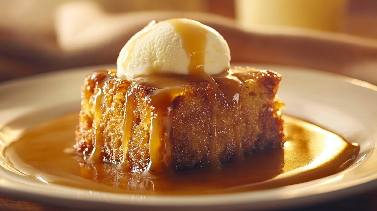 A photo showing a sticky toffee pudding with a blob of vanilla ice cream on top.