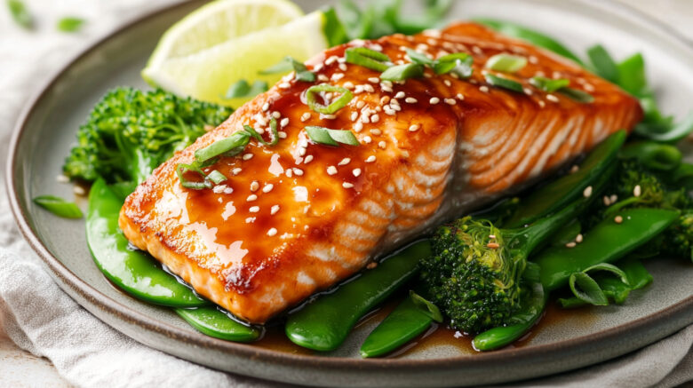 A photo showing a plate with teriyaki salmon on a bed of sesame greens