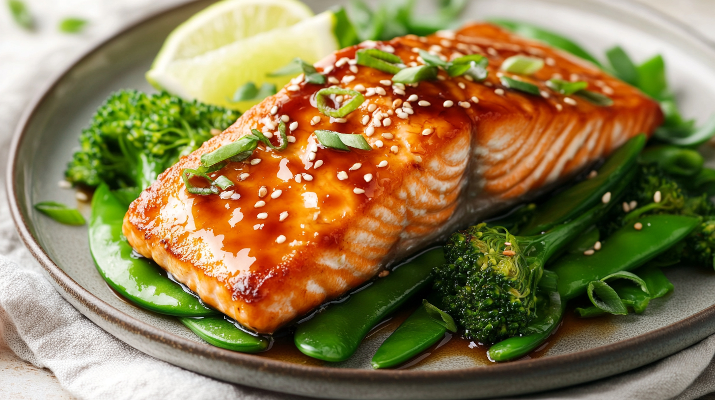 A photo showing a plate with teriyaki salmon on a bed of sesame greens